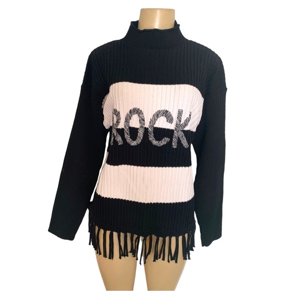 Gabby Isabella ROCK Tassel Fringe Tunic Black & White Colourblock Sweater - Picture 3 of 10